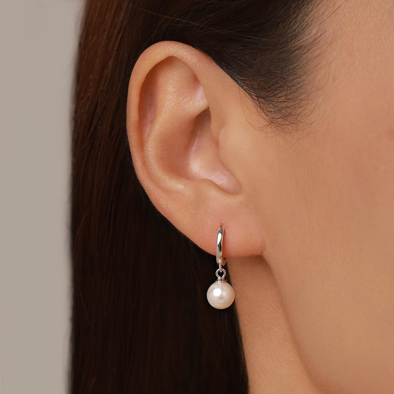 Mother of Pearl Huggie Hoop Earrings in Sterling Silver, Simple Pearl Dangle Earrings, Gold and Silver