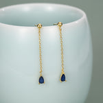 Sapphire Blue Droplet CZ with Chain Dangle Stud Earrings in Sterling Silver, Silver or Gold, Blue CZ Pear Drop Earrings