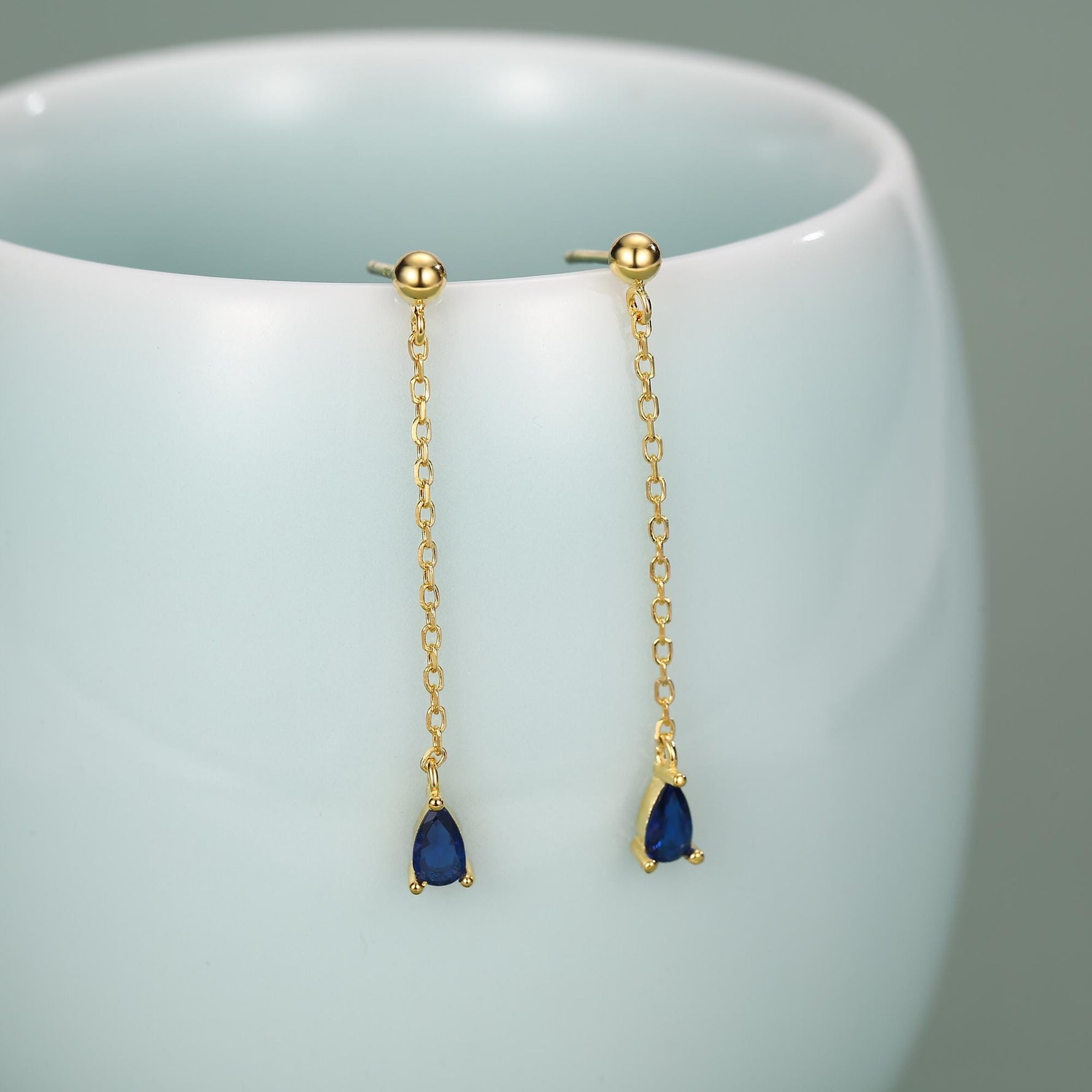 Sapphire Blue Droplet CZ with Chain Dangle Stud Earrings in Sterling Silver, Silver or Gold, Blue CZ Pear Drop Earrings