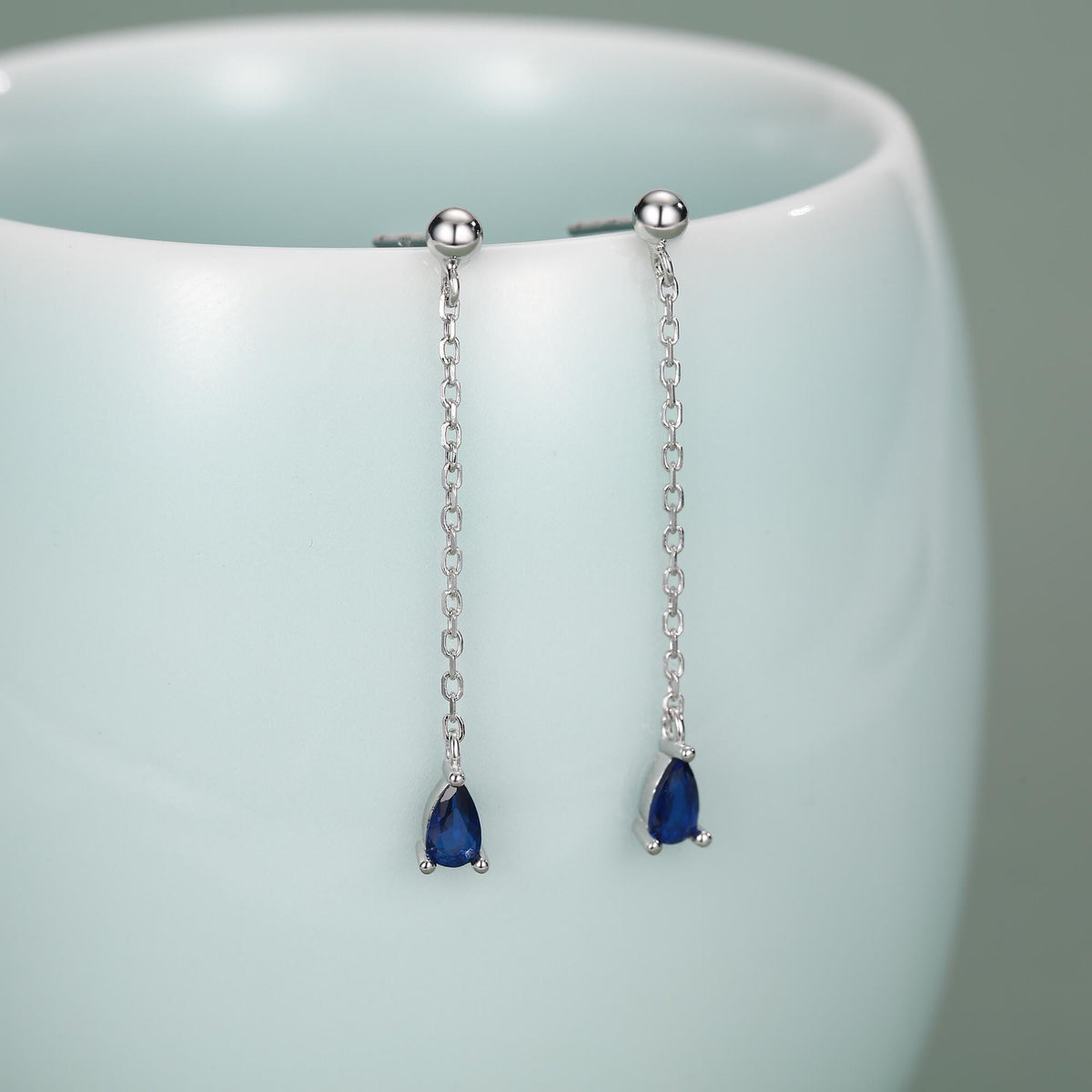 Sapphire Blue Droplet CZ with Chain Dangle Stud Earrings in Sterling Silver, Silver or Gold, Blue CZ Pear Drop Earrings