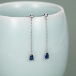 Sapphire Blue Droplet CZ with Chain Dangle Stud Earrings in Sterling Silver, Silver or Gold, Blue CZ Pear Drop Earrings