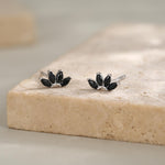 Black CZ Lotus Flower Stud Earrings in Sterling Silver