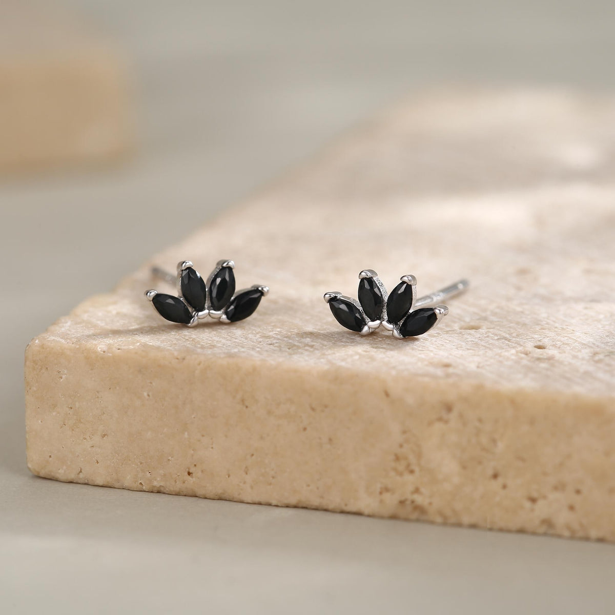 Black CZ Lotus Flower Stud Earrings in Sterling Silver