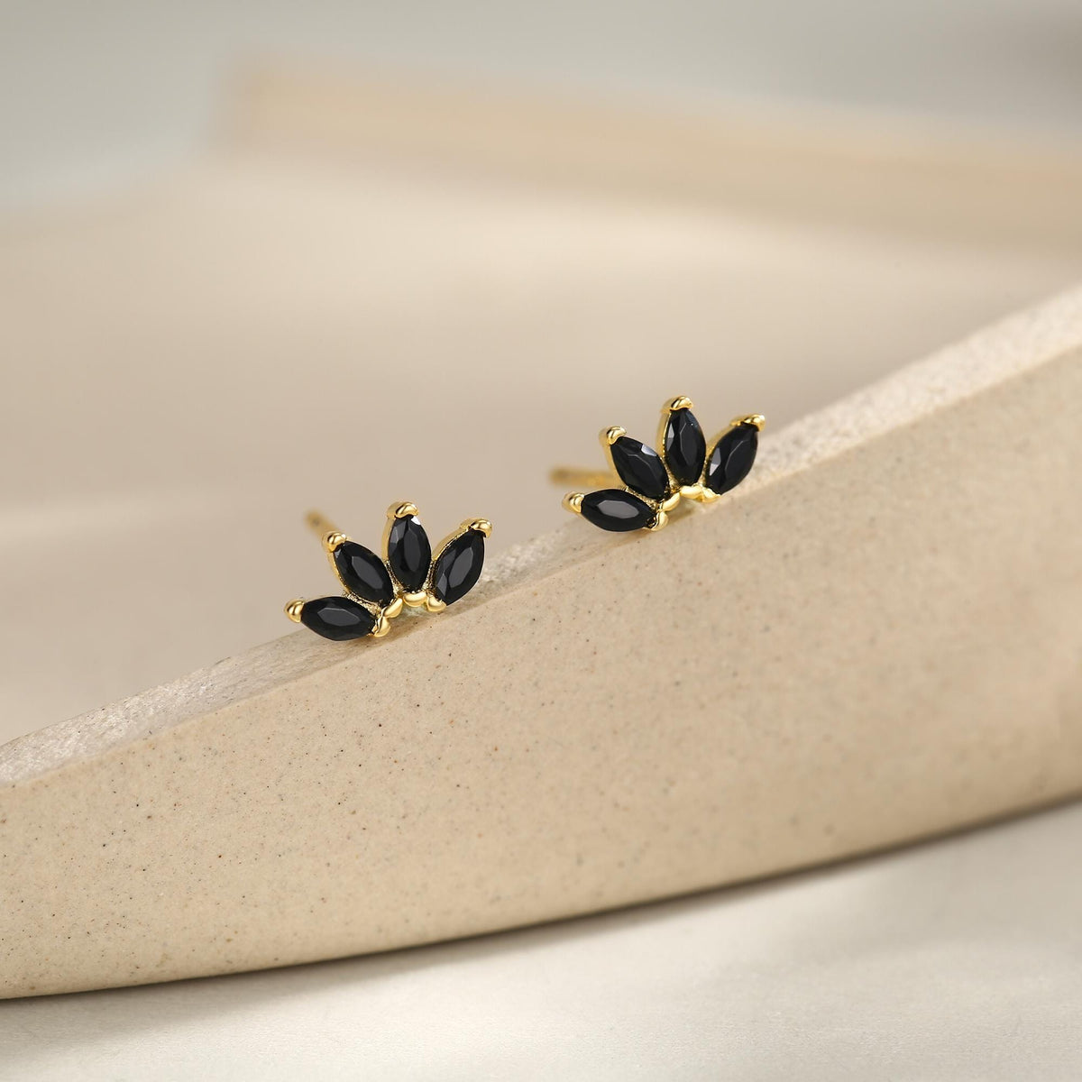 Black CZ Lotus Flower Stud Earrings in Sterling Silver