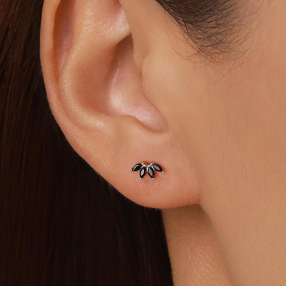 Black CZ Lotus Flower Stud Earrings in Sterling Silver