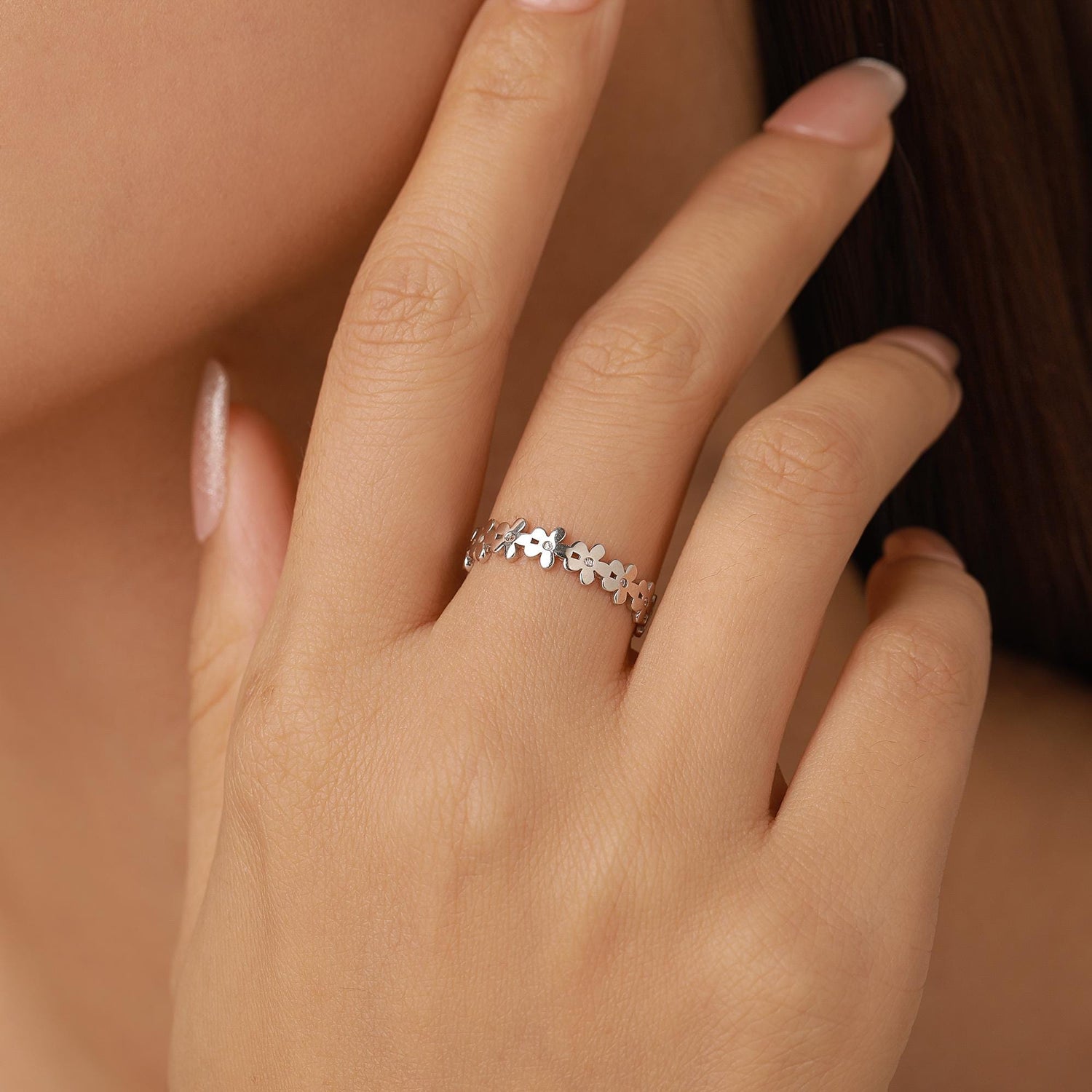 Sterling Silver Pretty Forget-me-not Flower Floral Motif Ring, Nature Inspired Jewellery, Adjustable Size