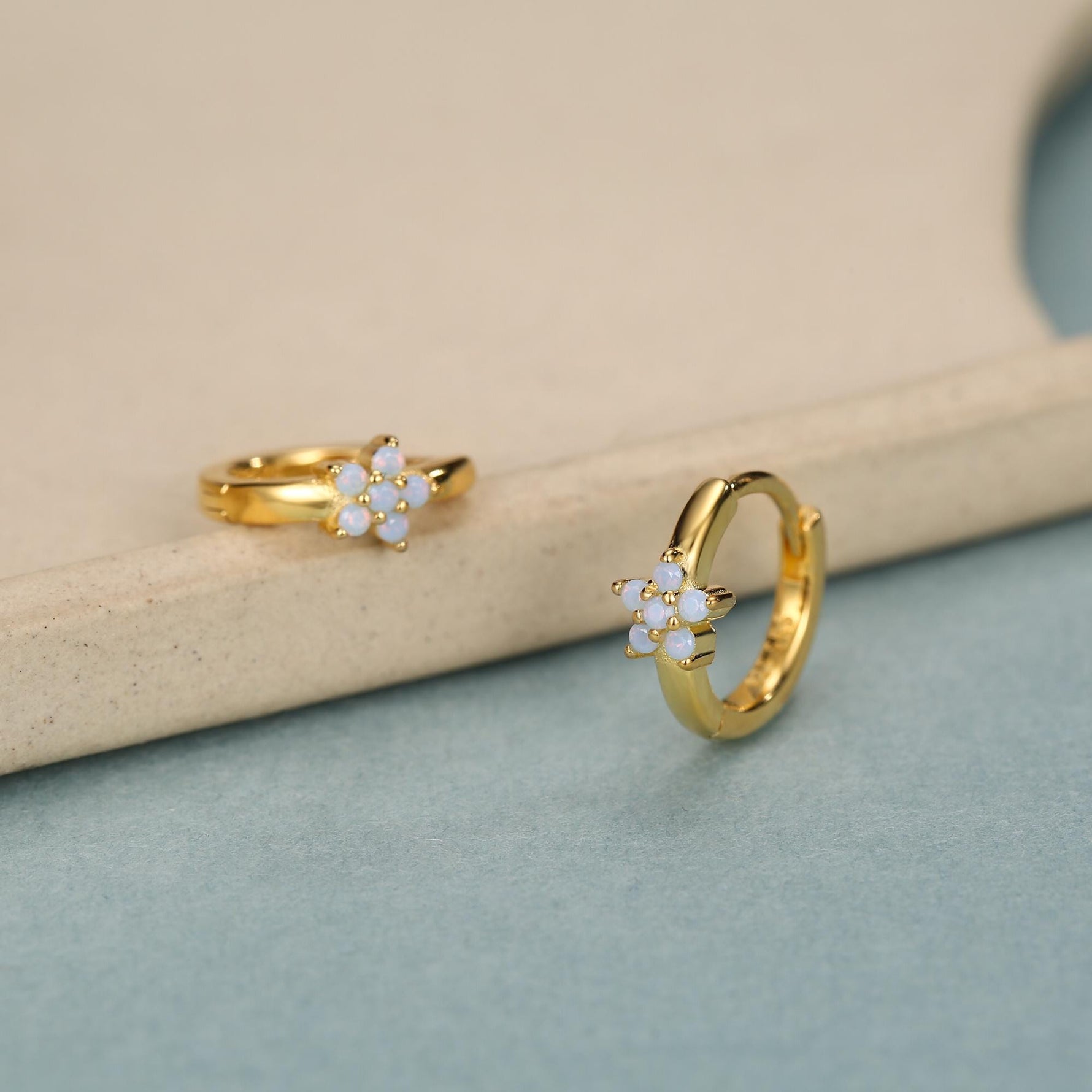 Opal Colour CZ Flower Huggie Hoop in Sterling Silver, Silver or Gold, Delicate Flower CZ Hoops, Tiny Flower Hoops, Tiny CZ Hoops