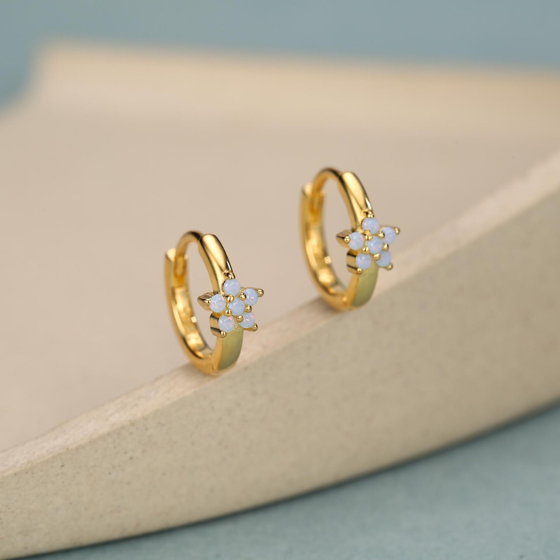 Opal Colour CZ Flower Huggie Hoop in Sterling Silver, Silver or Gold, Delicate Flower CZ Hoops, Tiny Flower Hoops, Tiny CZ Hoops