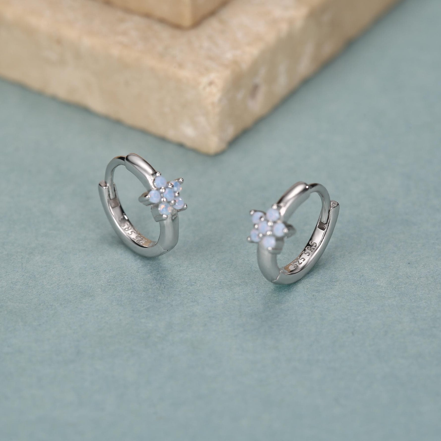 Opal Colour CZ Flower Huggie Hoop in Sterling Silver, Silver or Gold, Delicate Flower CZ Hoops, Tiny Flower Hoops, Tiny CZ Hoops