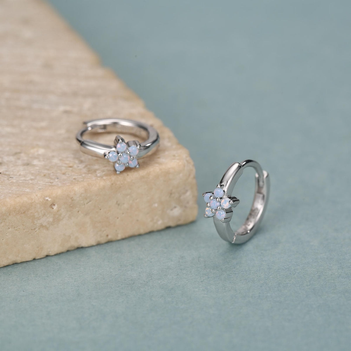 Opal Colour CZ Flower Huggie Hoop in Sterling Silver, Silver or Gold, Delicate Flower CZ Hoops, Tiny Flower Hoops, Tiny CZ Hoops