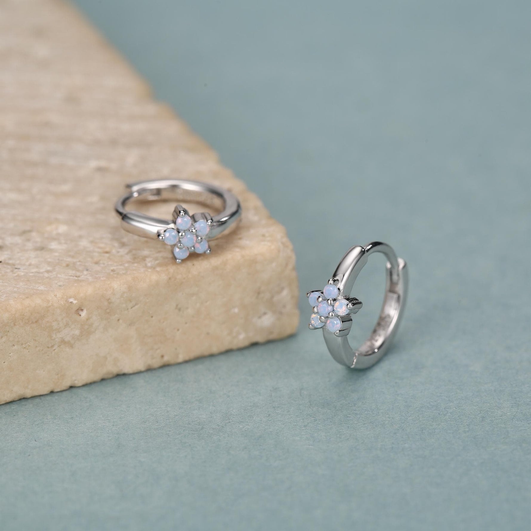 Opal Colour CZ Flower Huggie Hoop in Sterling Silver, Silver or Gold, Delicate Flower CZ Hoops, Tiny Flower Hoops, Tiny CZ Hoops