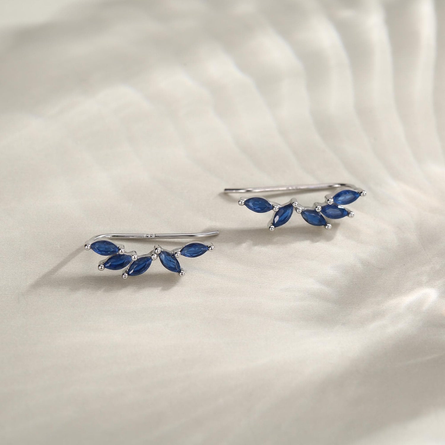 Sapphire Blue CZ Cluster Crawler Earrings in Sterling Silver, Silver or Gold, Blue CZ Marquise Ear Crawlers, CZ Cluster Earrings