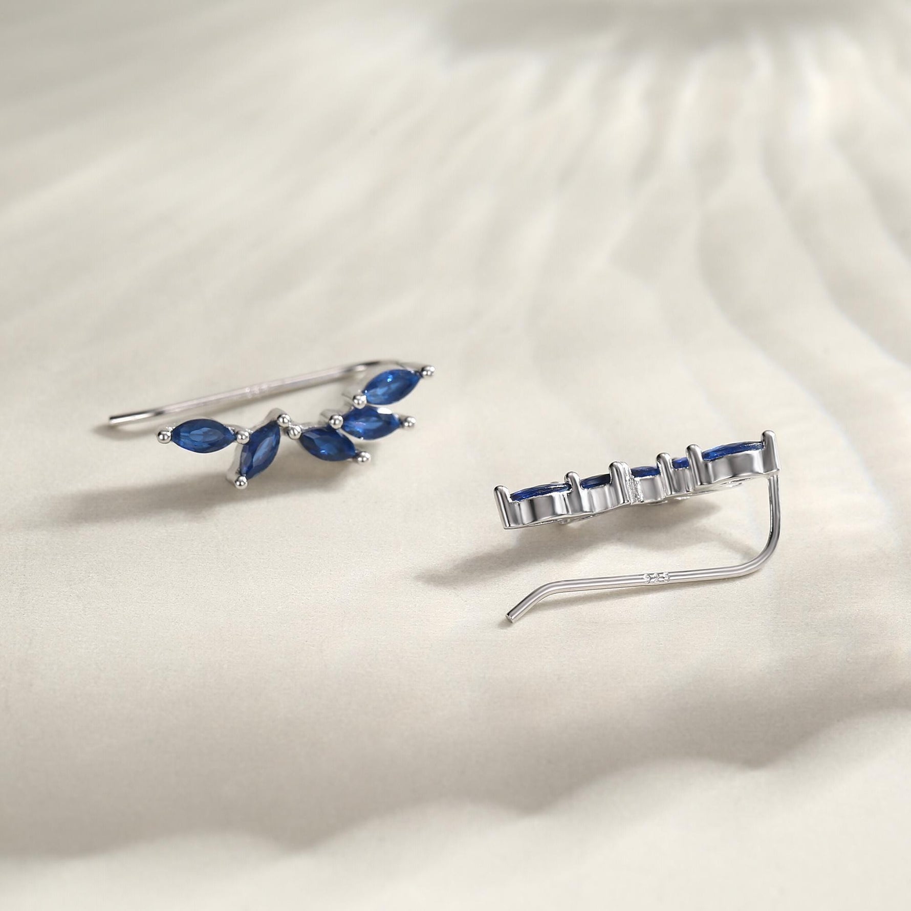 Sapphire Blue CZ Cluster Crawler Earrings in Sterling Silver, Silver or Gold, Blue CZ Marquise Ear Crawlers, CZ Cluster Earrings