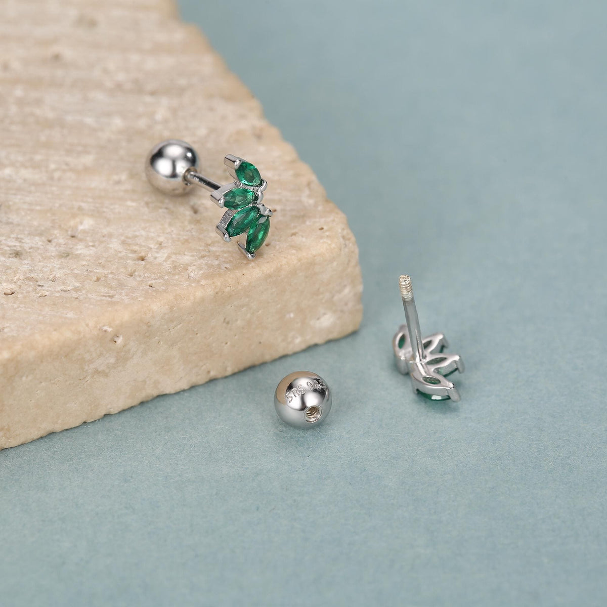 Green CZ Lotus Screw Back Earrings