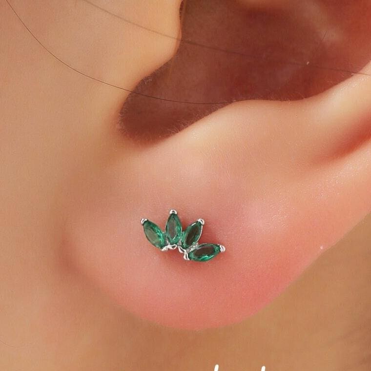 Green CZ Lotus Screw Back Earrings
