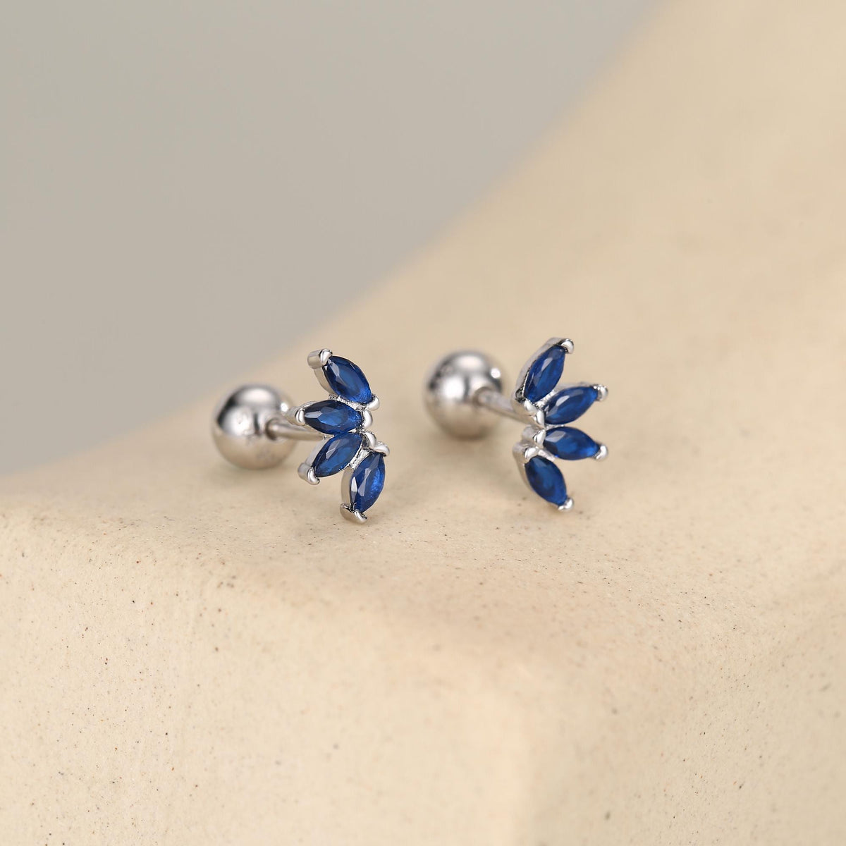 Sapphire Blue CZ Lotus Screw Back Earrings