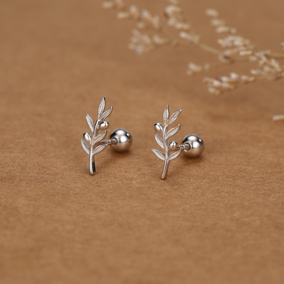 Olive Branch 18G Screw Back Earrings In Sterling Silver