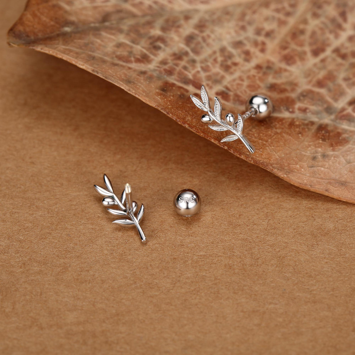 Olive Branch 18G Screw Back Earrings In Sterling Silver