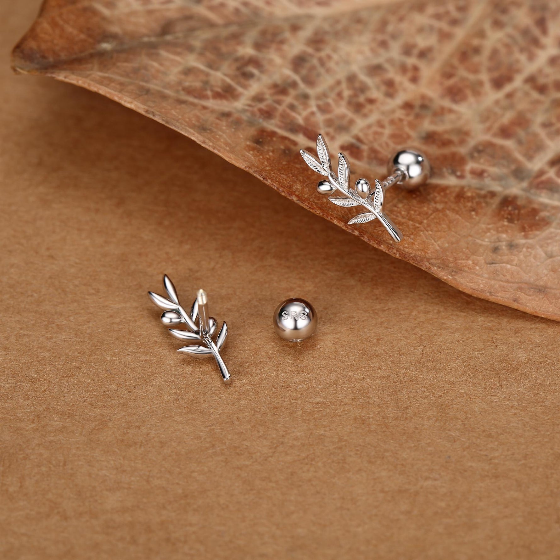 Olive Branch 18G Screw Back Earrings In Sterling Silver