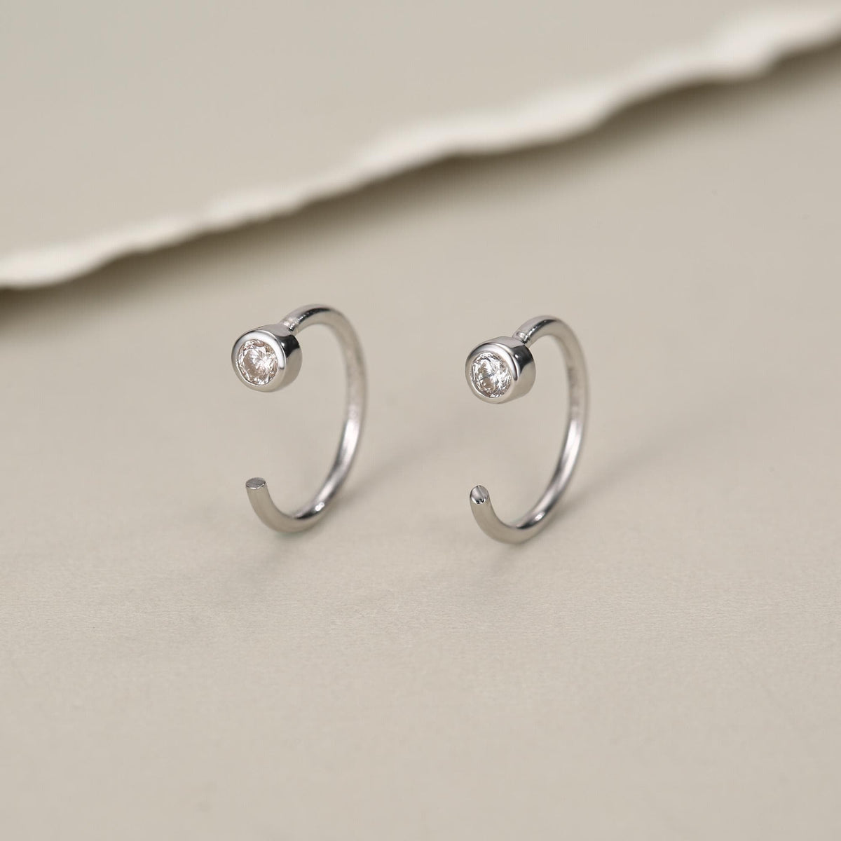 2mm Diamond CZ Huggie Hoop Earrings in Sterling Silver, Silver, or Gold, Half Hoop, Open Hoop, Pull Through, Dainty Earrings