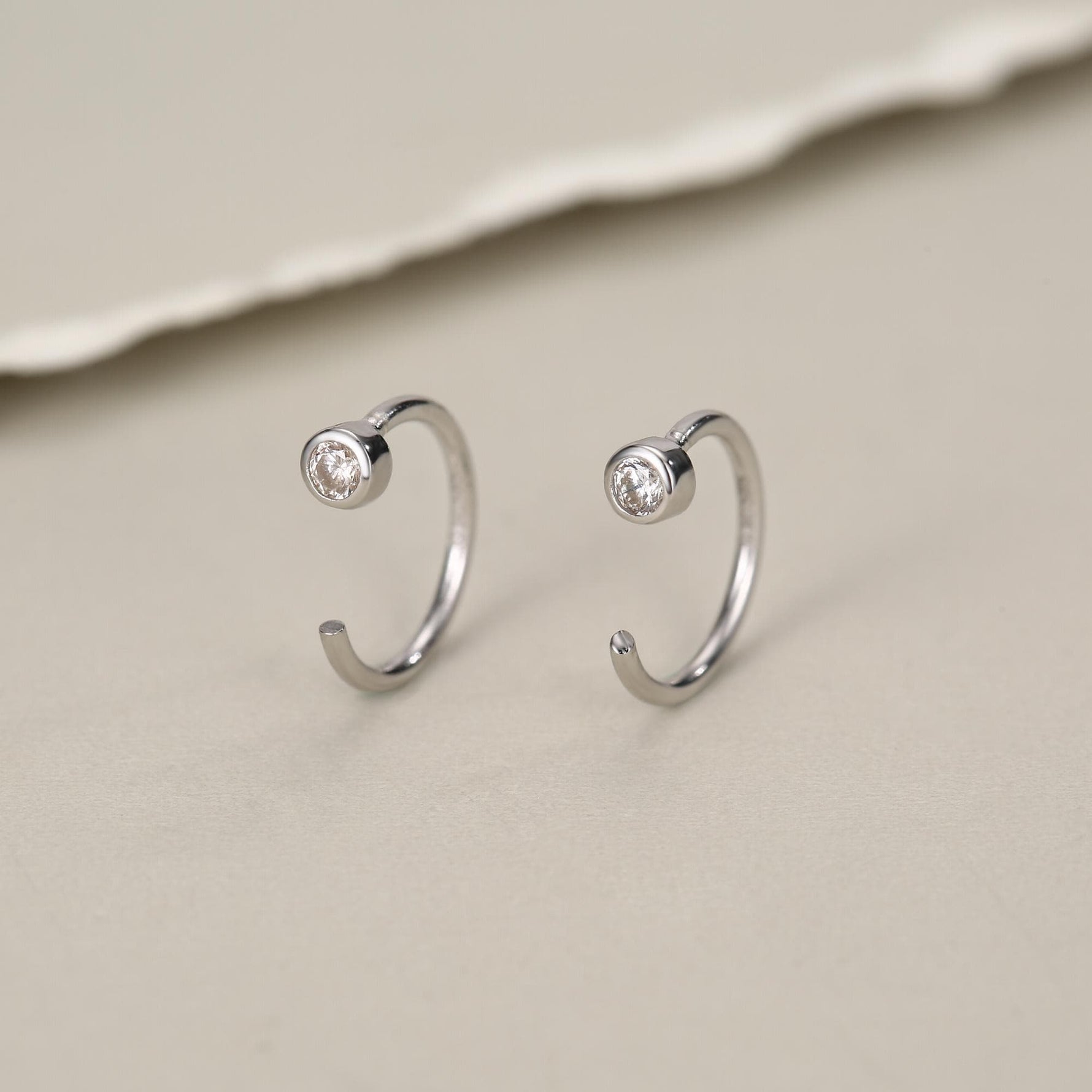 2mm Diamond CZ Huggie Hoop Earrings in Sterling Silver, Silver, or Gold, Half Hoop, Open Hoop, Pull Through, Dainty Earrings