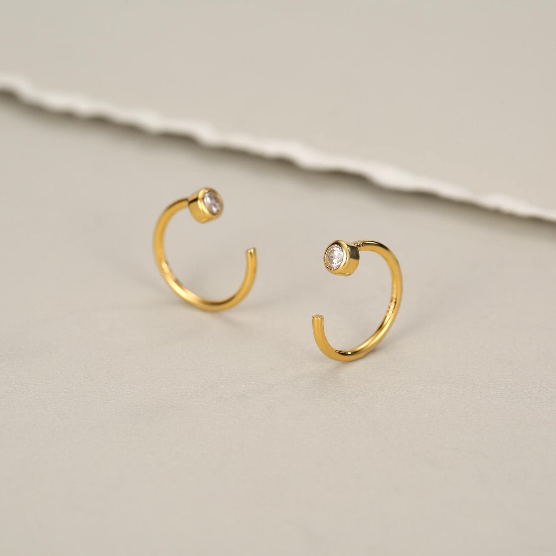 2mm Diamond CZ Huggie Hoop Earrings in Sterling Silver, Silver, or Gold, Half Hoop, Open Hoop, Pull Through, Dainty Earrings