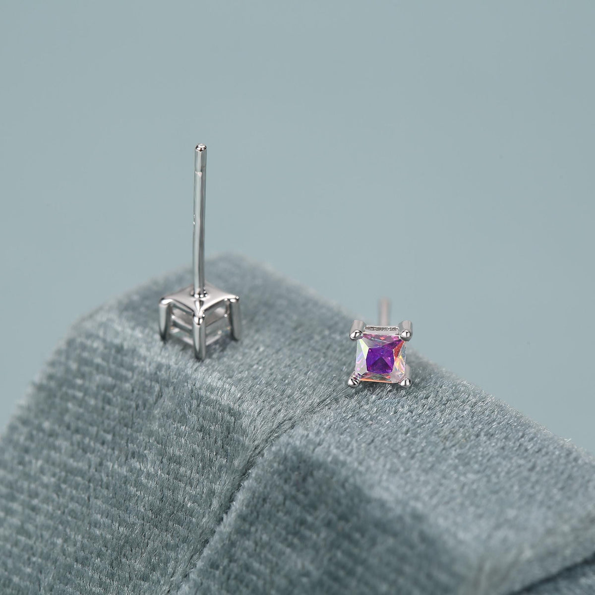 Princess Cut AB Aurora Square Crystal Stud Earrings in Sterling Silver