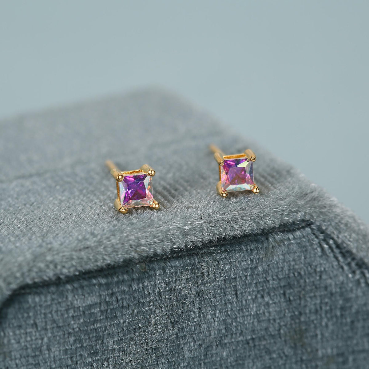 Princess Cut AB Aurora Square Crystal Stud Earrings in Sterling Silver