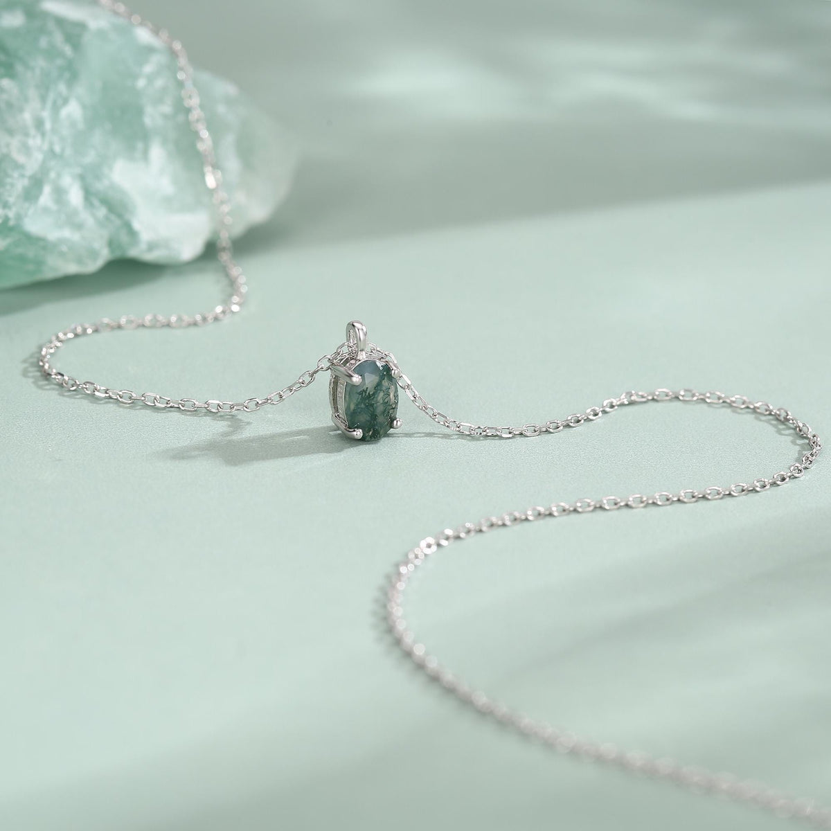 Sterling Silver Tiny Moss Agate Oval Necklace