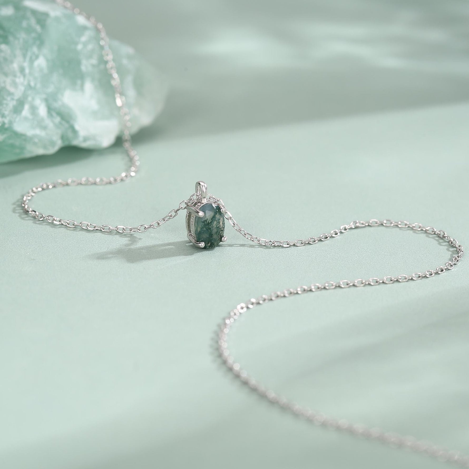 Sterling Silver Tiny Moss Agate Oval Necklace