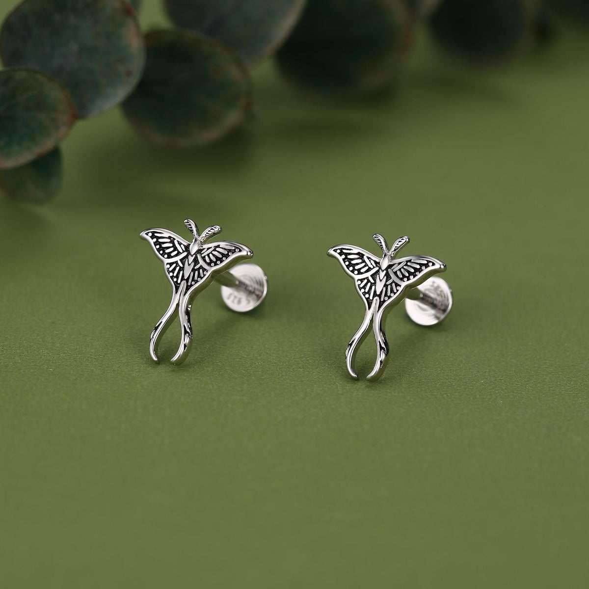 Sterling Silver Moth 16G Internally Threaded Flat Back Earrings