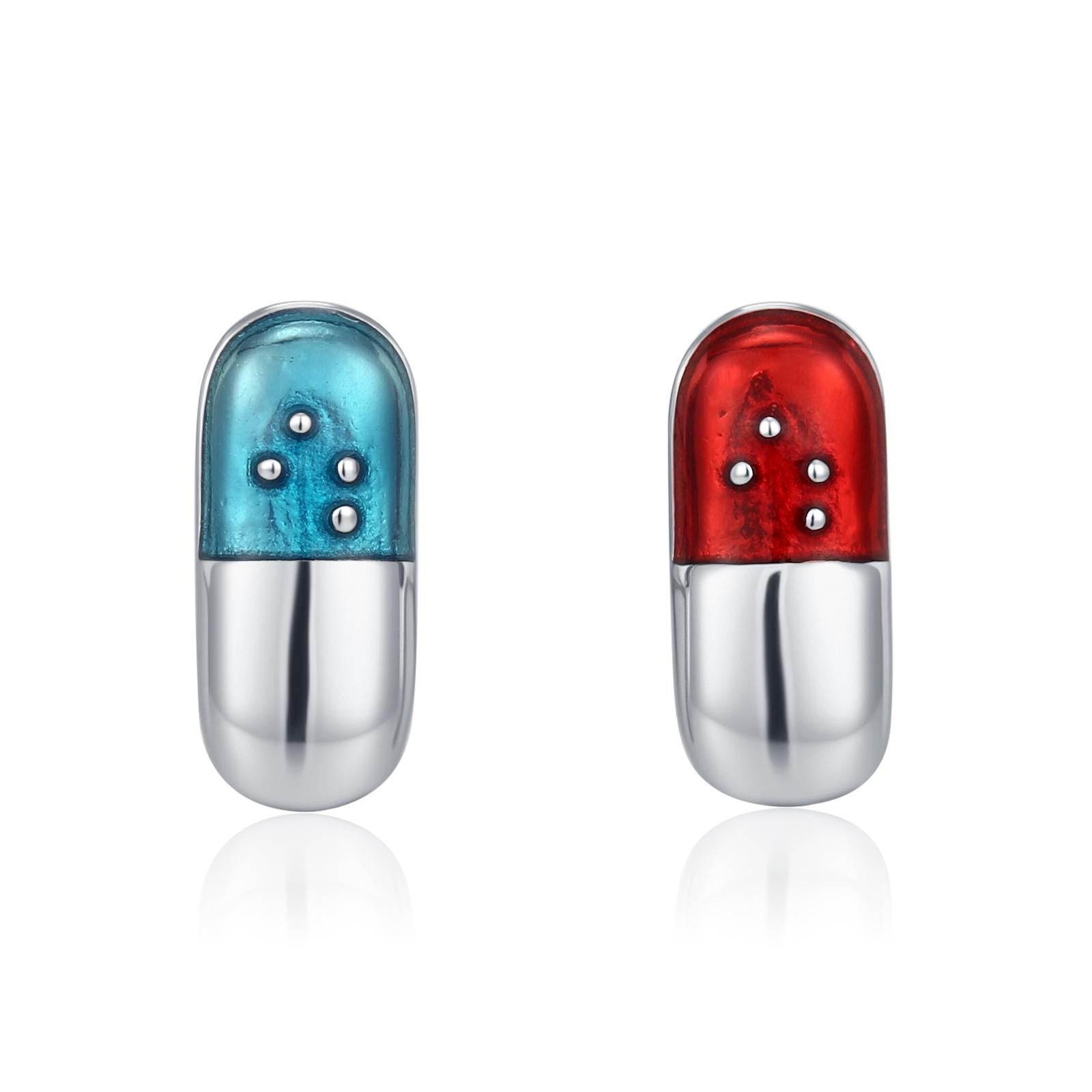 Sterling Silver Red and Blue Pill Mismatched Stud Earrings
