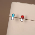 Sterling Silver Red and Blue Pill Mismatched Stud Earrings