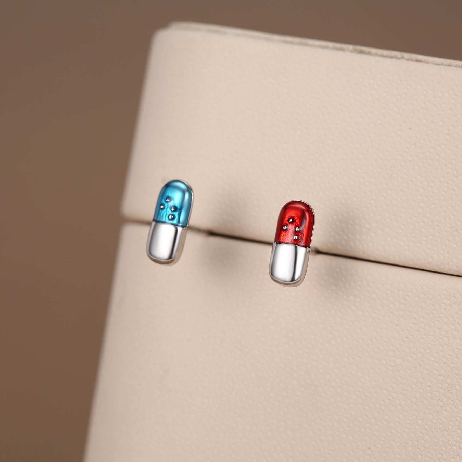 Sterling Silver Red and Blue Pill Mismatched Stud Earrings