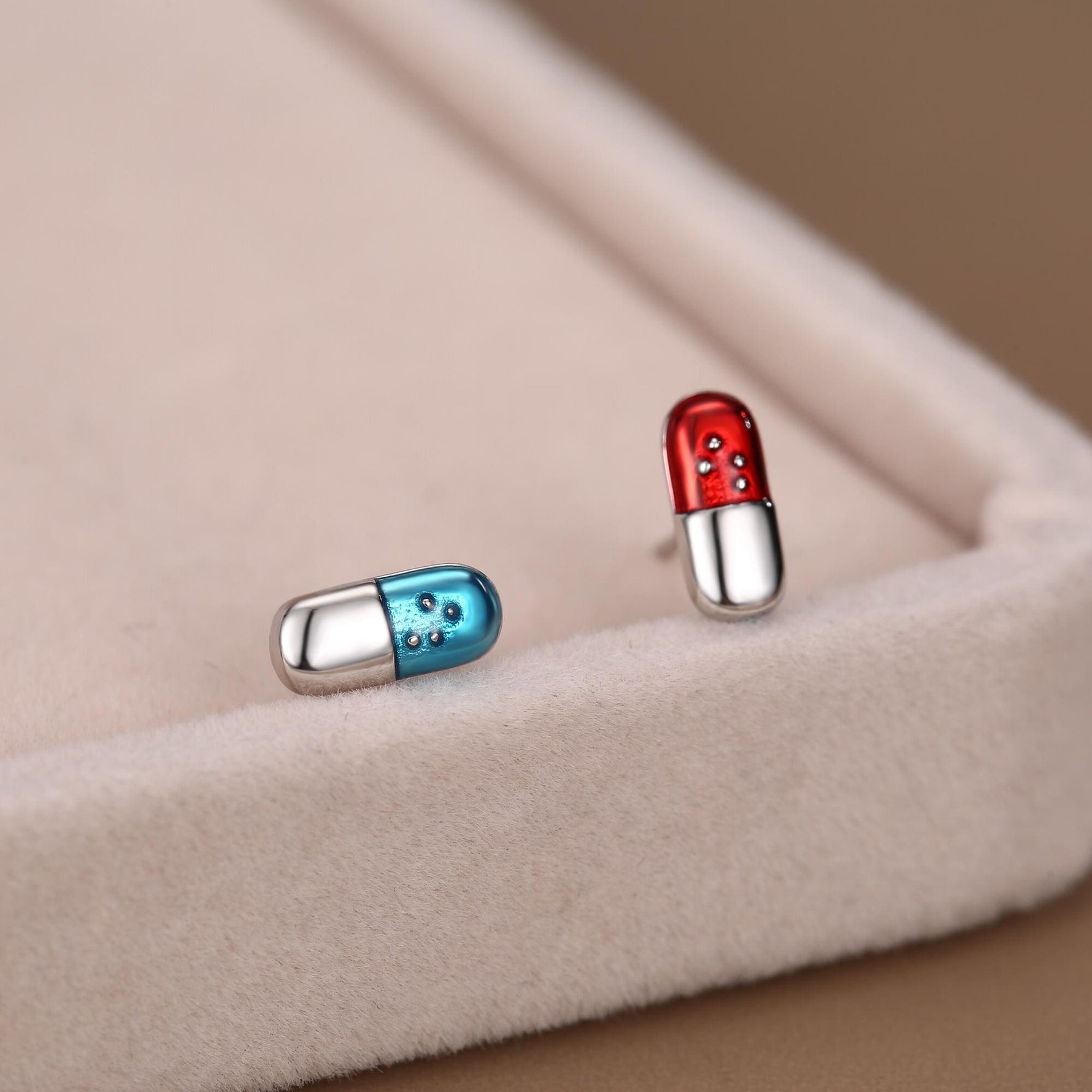 Sterling Silver Red and Blue Pill Mismatched Stud Earrings