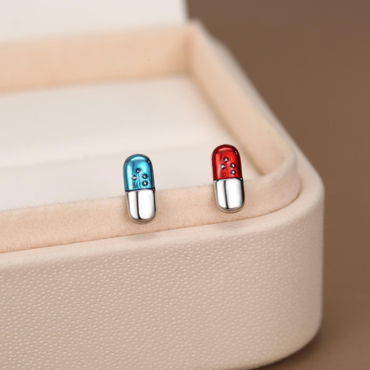 Sterling Silver Red and Blue Pill Mismatched Stud Earrings