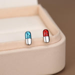 Sterling Silver Red and Blue Pill Mismatched Stud Earrings