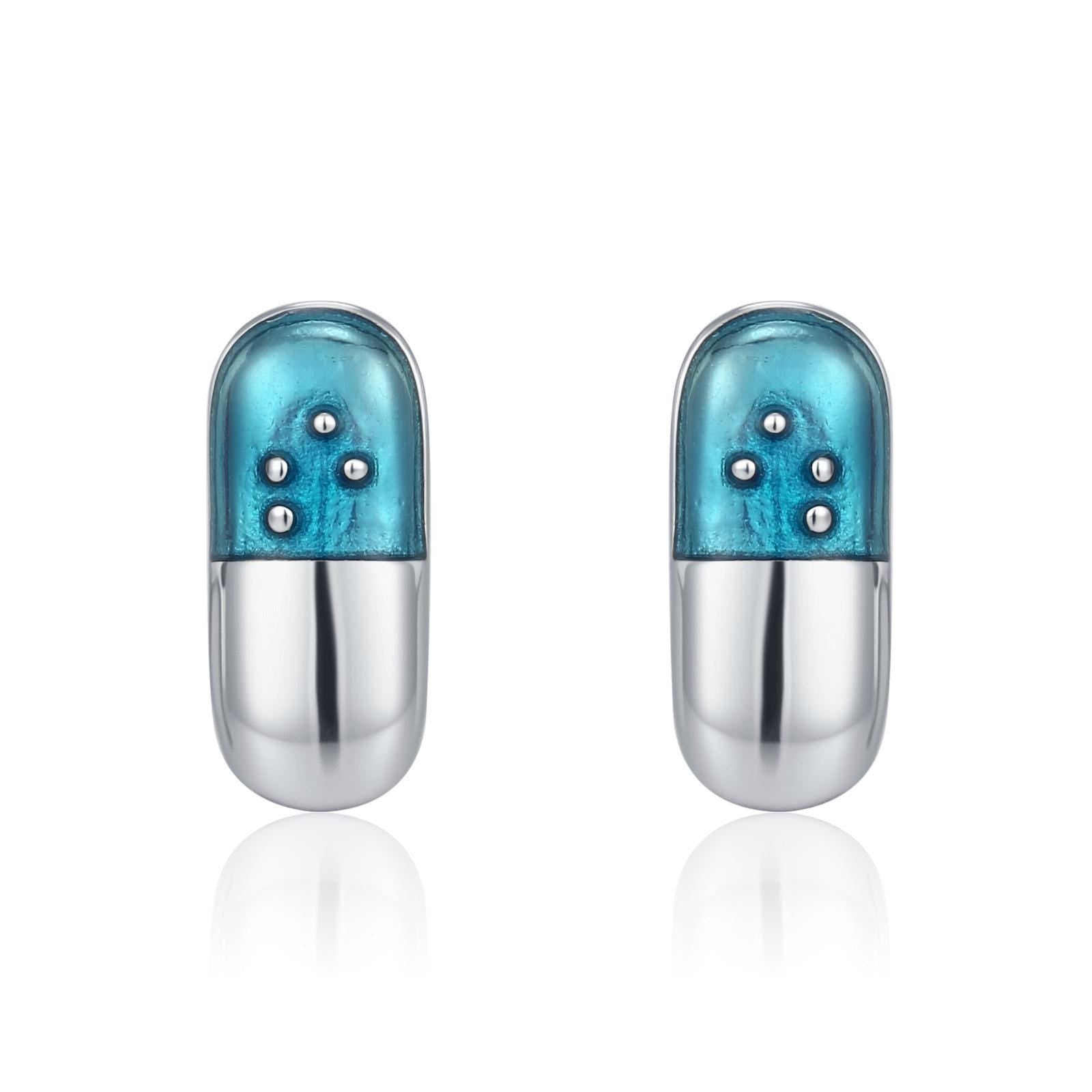 Sterling Silver Blue Pill Mismatched Stud Earrings
