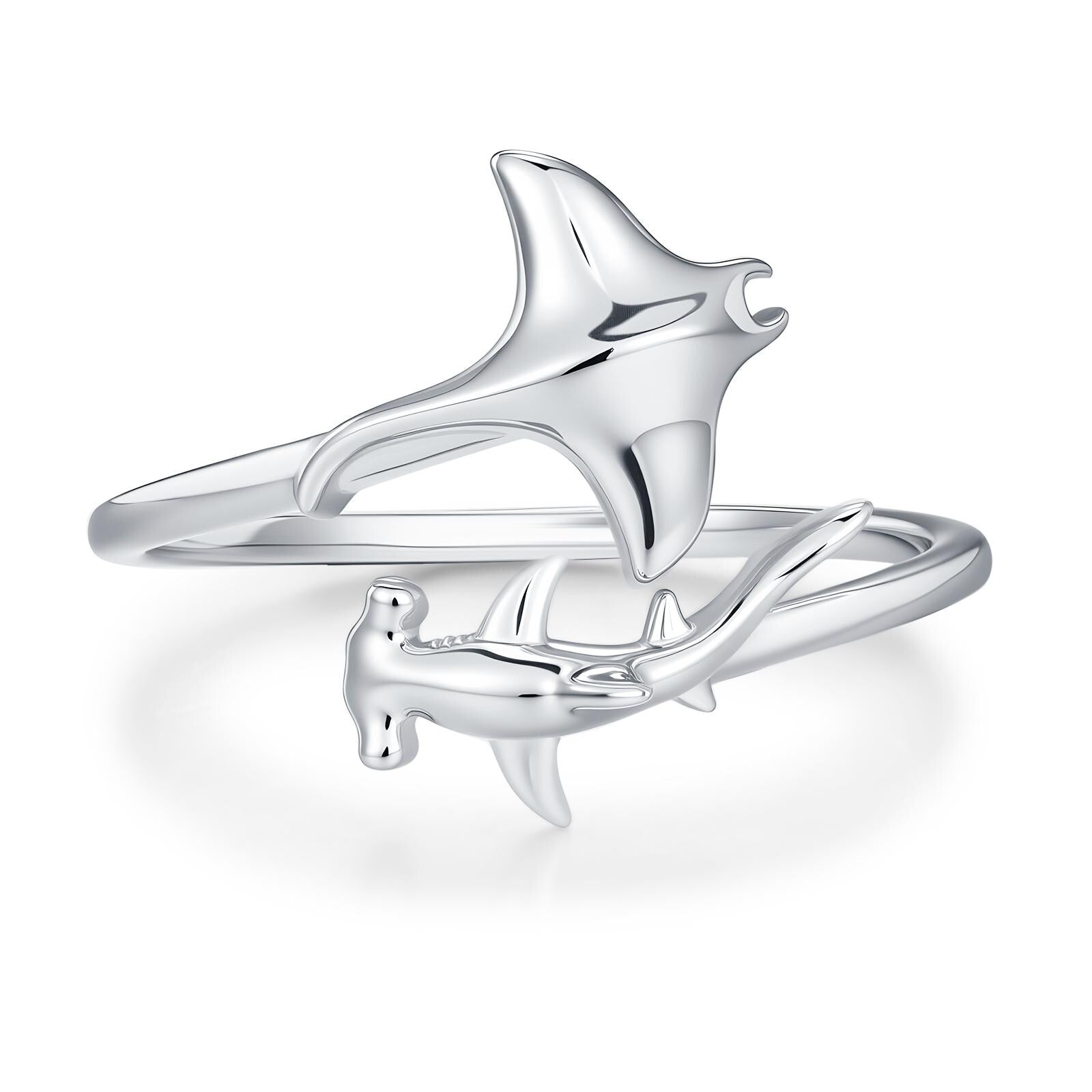 Sterling Silver Manta Ray and Hammerhead Shark Open Ring