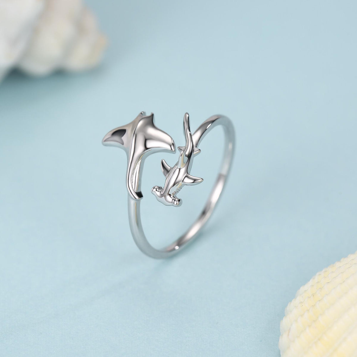 Sterling Silver Manta Ray and Hammerhead Shark Open Ring
