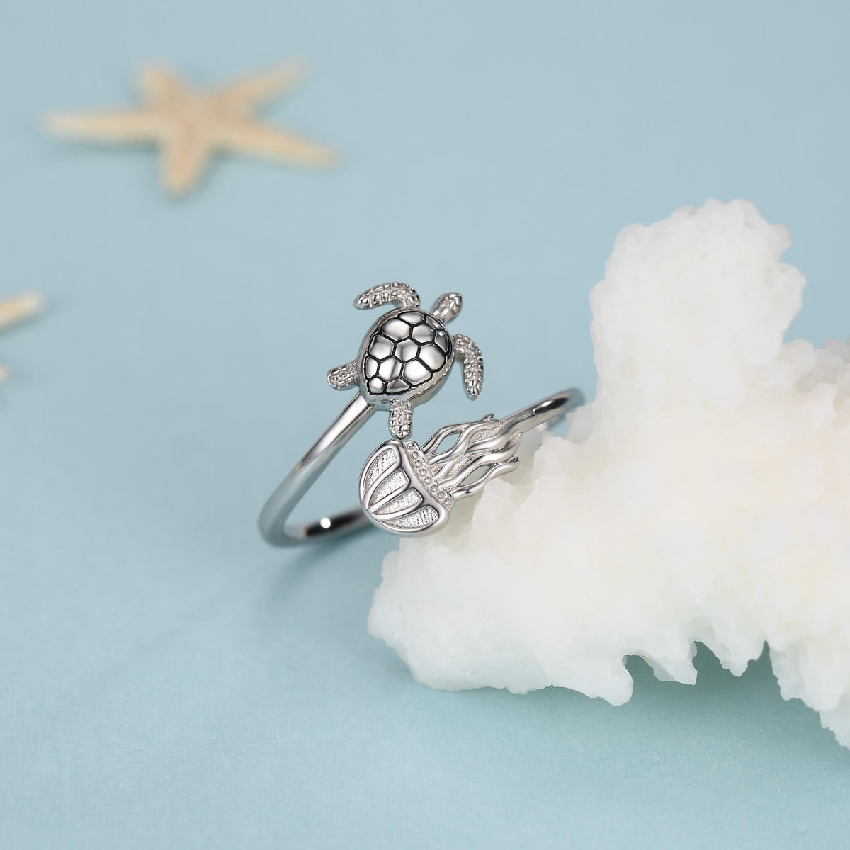 Sterling Silver Sea Turtle and Jellyfish Open Ring