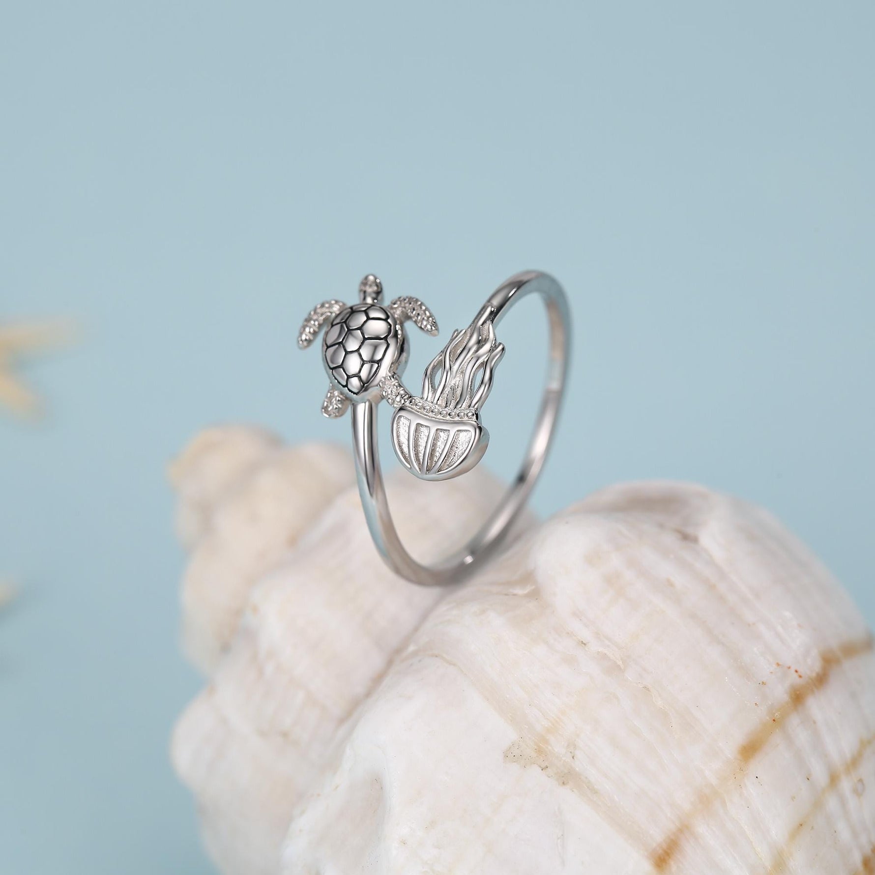 Sterling Silver Sea Turtle and Jellyfish Open Ring