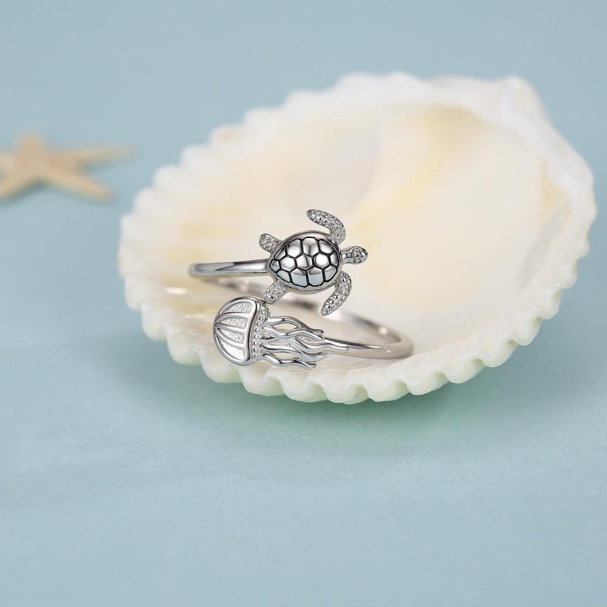 Sterling Silver Sea Turtle and Jellyfish Open Ring