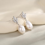 Sterling Silver Natural Freshwater Pearl and CZ Drop Earrings