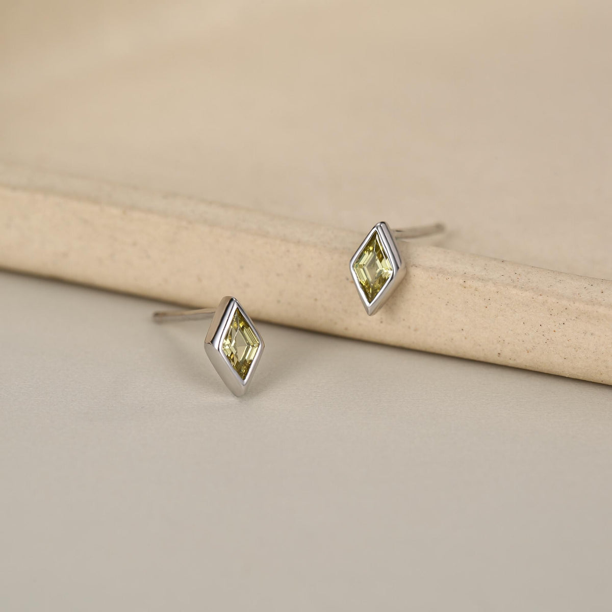 Sterling Silver Olive Green CZ Rhombus Stud Earrings