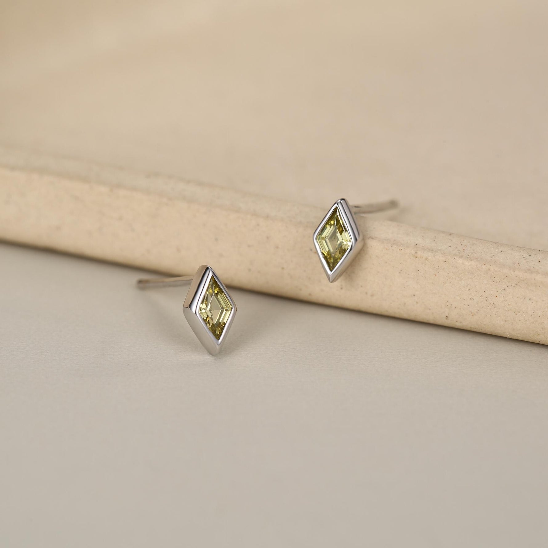 Sterling Silver Olive Green CZ Rhombus Stud Earrings