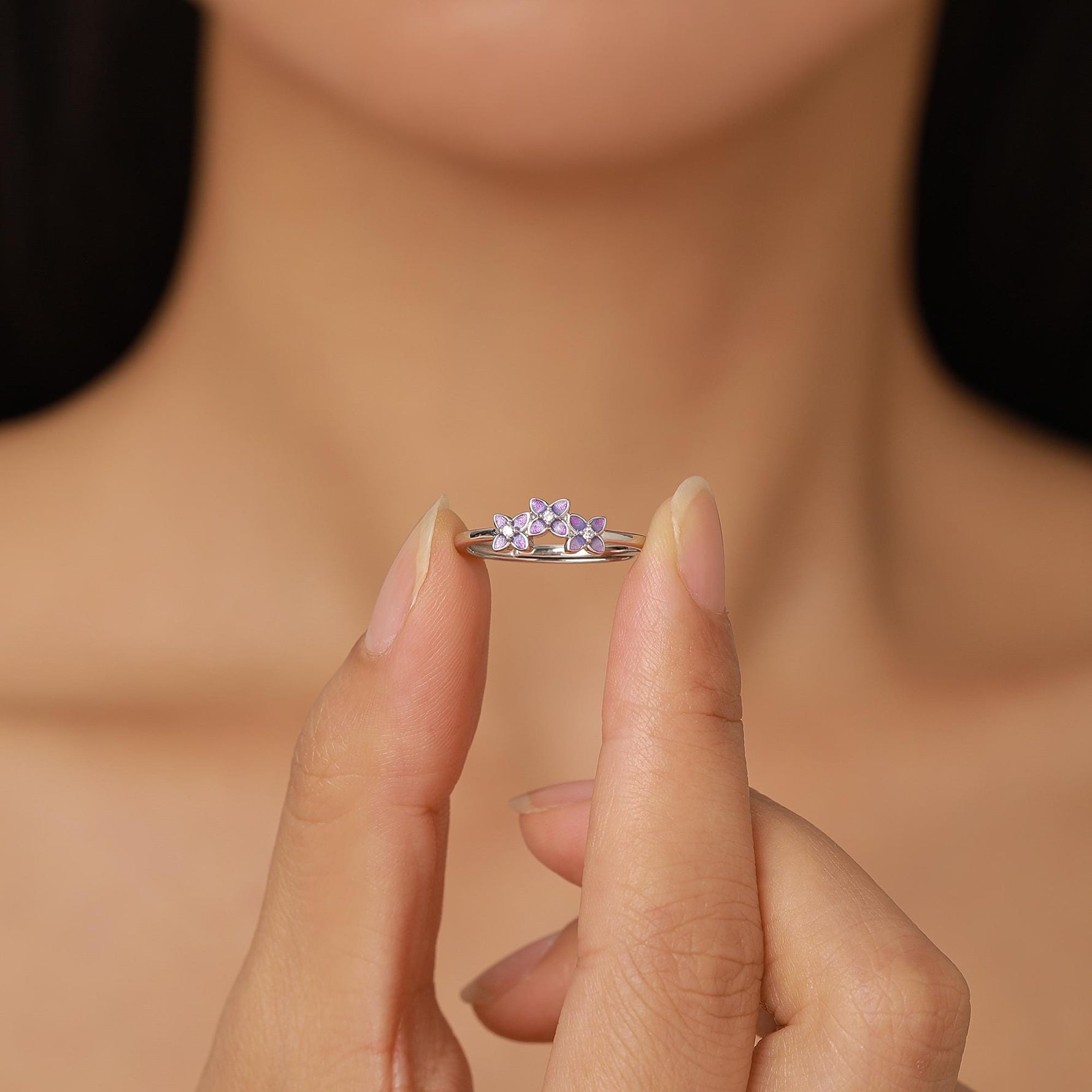 Sterling Silver Enamel Hydrangea and CZ Ring
