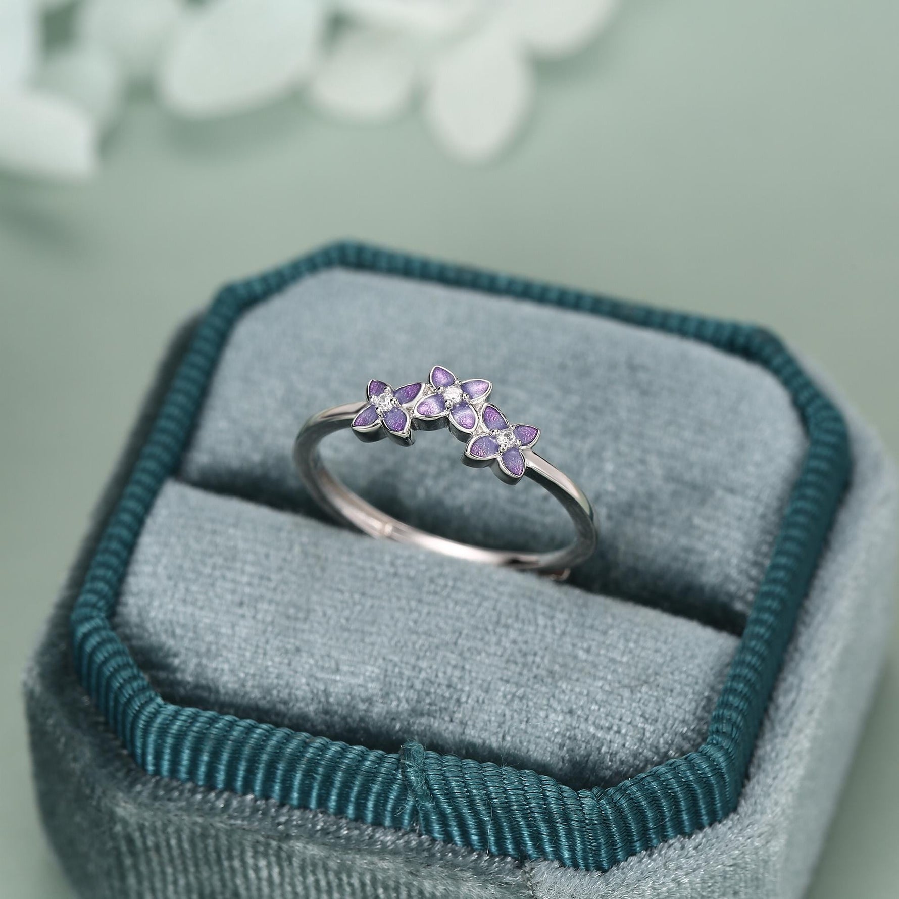 Sterling Silver Enamel Hydrangea and CZ Ring