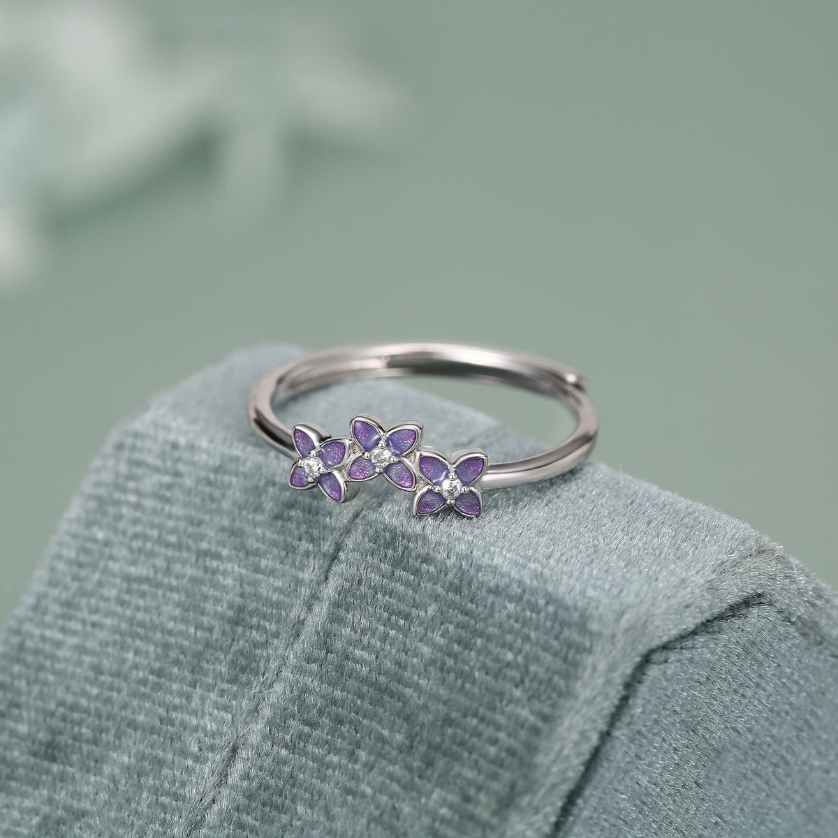Sterling Silver Enamel Hydrangea and CZ Ring