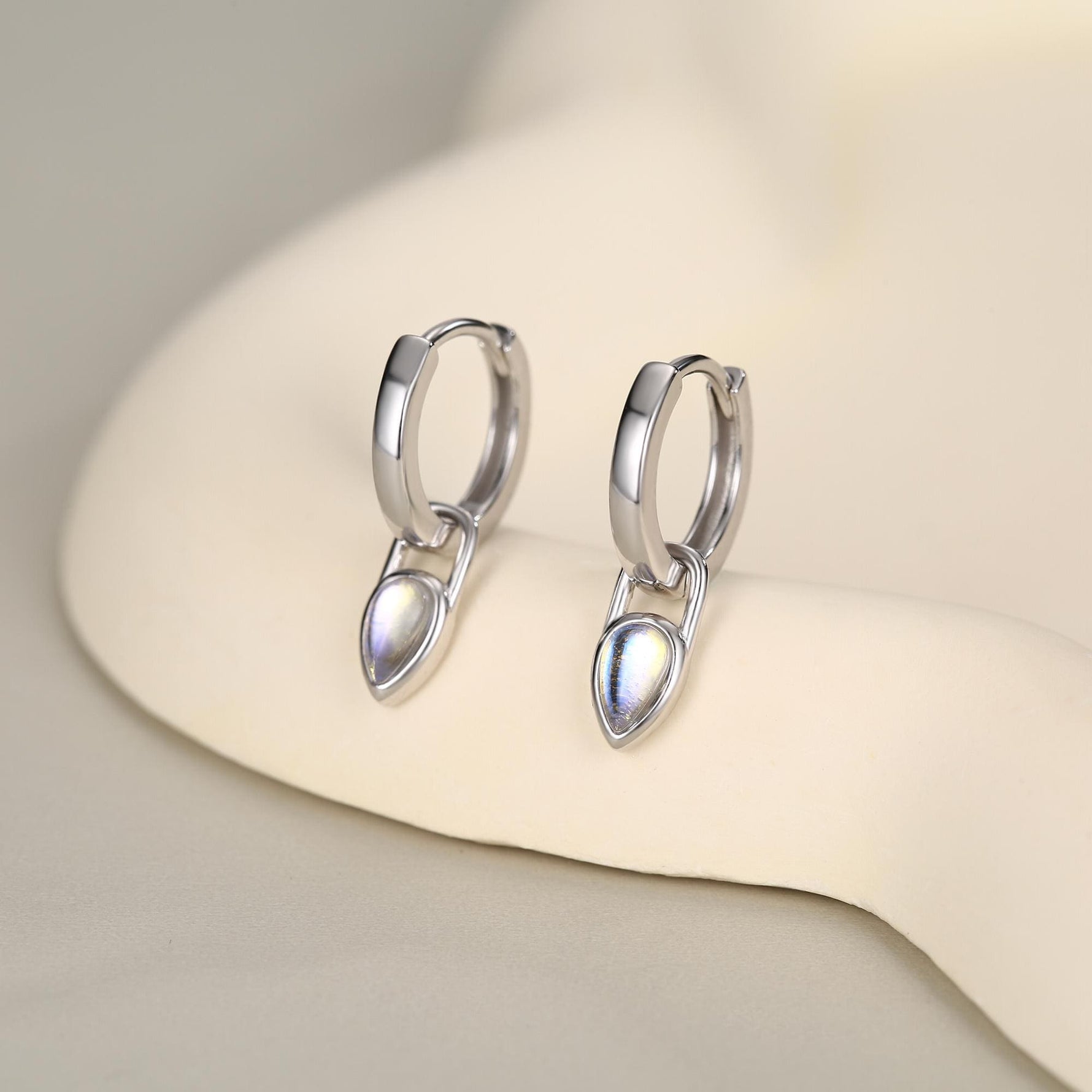 Sterling Silver Moonstone Teardrop Huggie Hoop Earrings